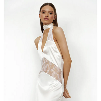 Daphne Lace Spliced Halter Long Sheer Dress