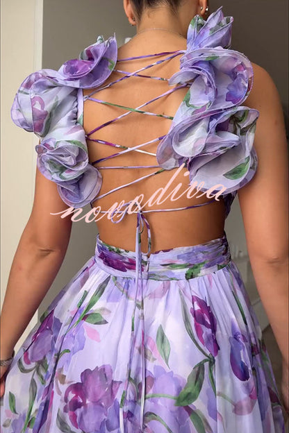 Grace Tulle Floral Ruffle Lace-up Maxi Dress