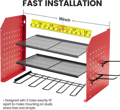 Power Tool Organizer, 3-Tier Drill Holder Wall Mount with 2 Red Side Pegboards, Tool Organizers and Storage for Garage, Tool Room, Workshop, Gifts for Men, Dad, Father, Husband, Brother,