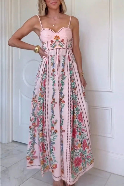 Val Printed Sweetheart Neck Beaded Straps Maxi Dress
