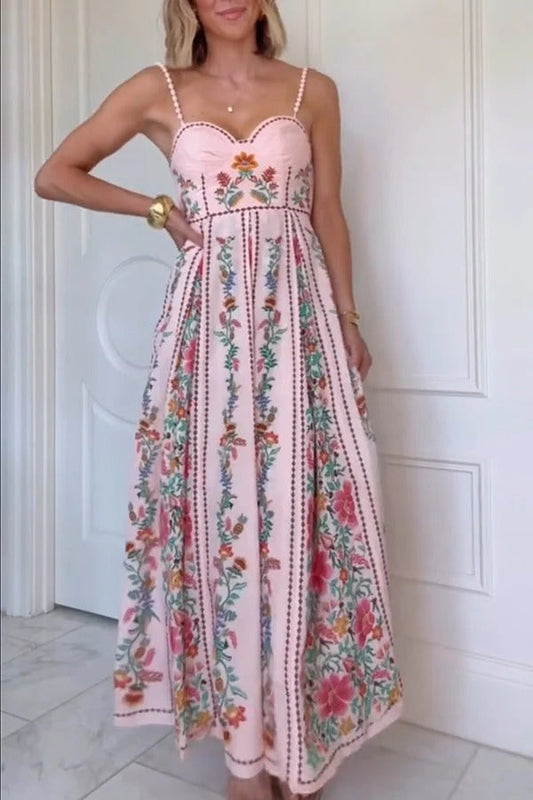 Val Printed Sweetheart Neck Beaded Straps Maxi Dress