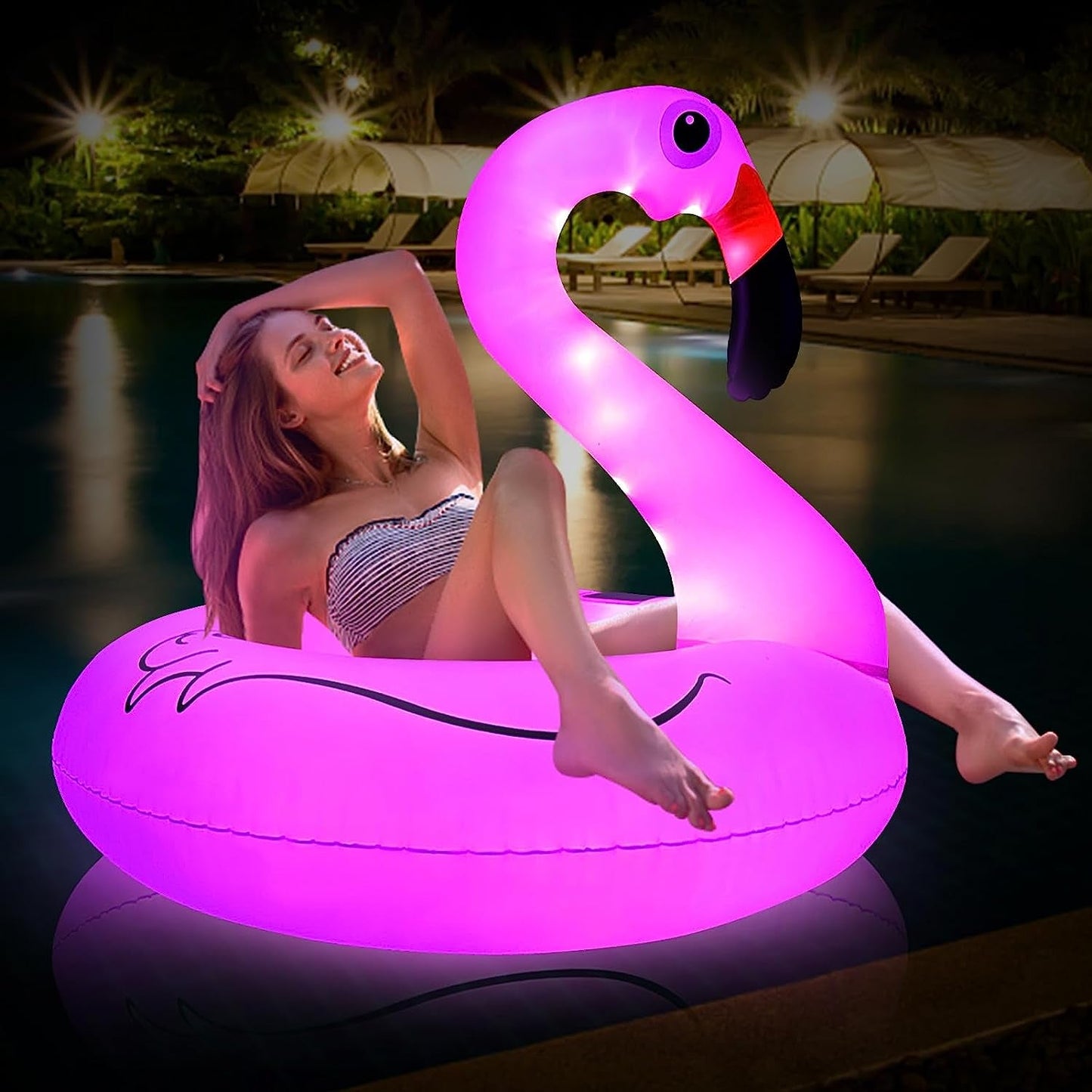 Inflatable Flamingo Pool Floats with Lights,Solar Powered Flamingo Swimming Pool Tubes,42 Inches Summer Lake Beach Floaties Swimming Pool Rings for Adults Water Entertainment