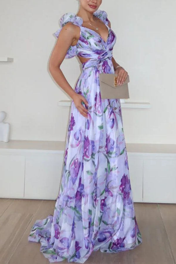 Grace Tulle Floral Ruffle Lace-up Maxi Dress