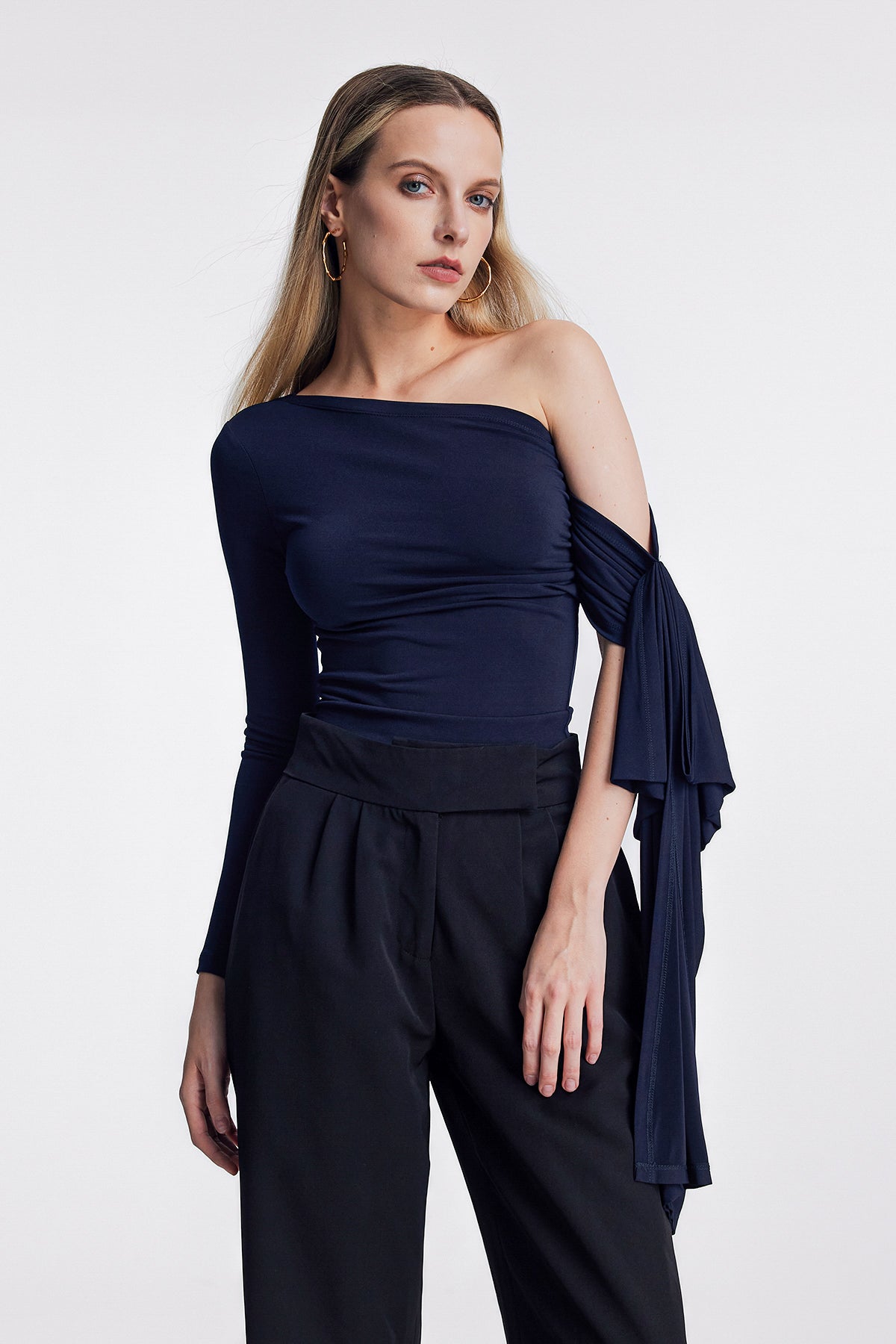 Abia Asymmetric Single Shoulder Ruch Lace Up Top