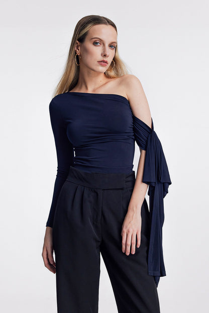 Abia Asymmetric Single Shoulder Ruch Lace Up Top