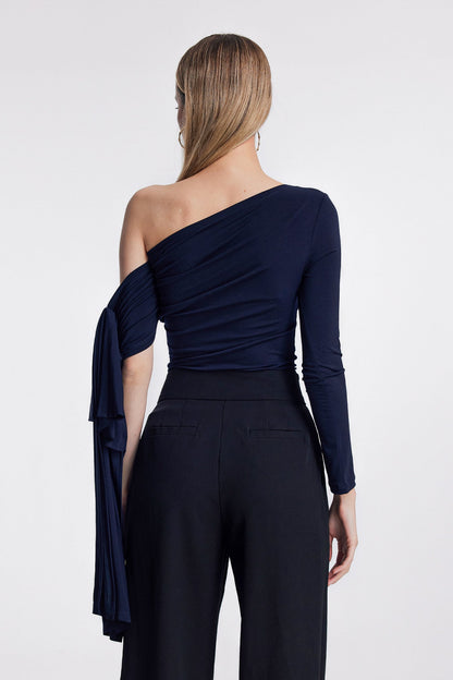 Abia Asymmetric Single Shoulder Ruch Lace Up Top