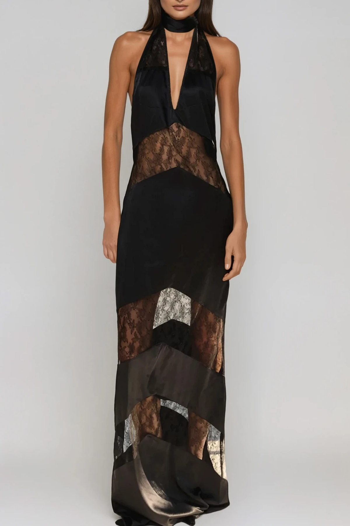 Bernal Satin Lace Cutout Floral Maxi Dress In Black