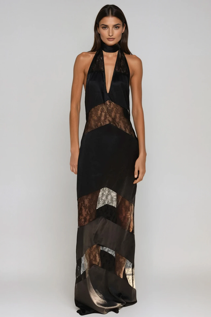 Bernal Satin Lace Cutout Floral Maxi Dress In Black