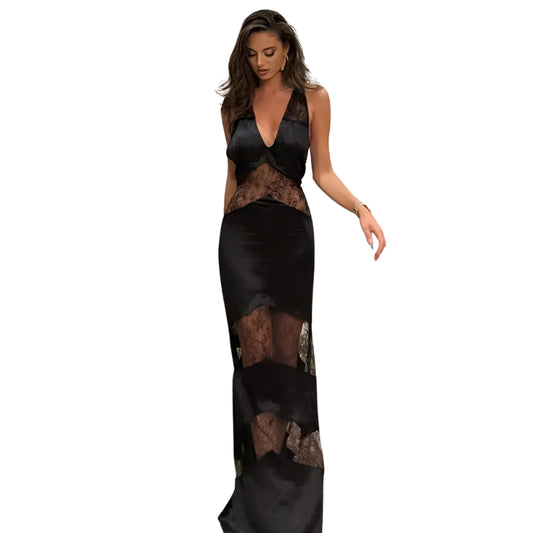 Daphne Lace Spliced Halter Long Sheer Dress