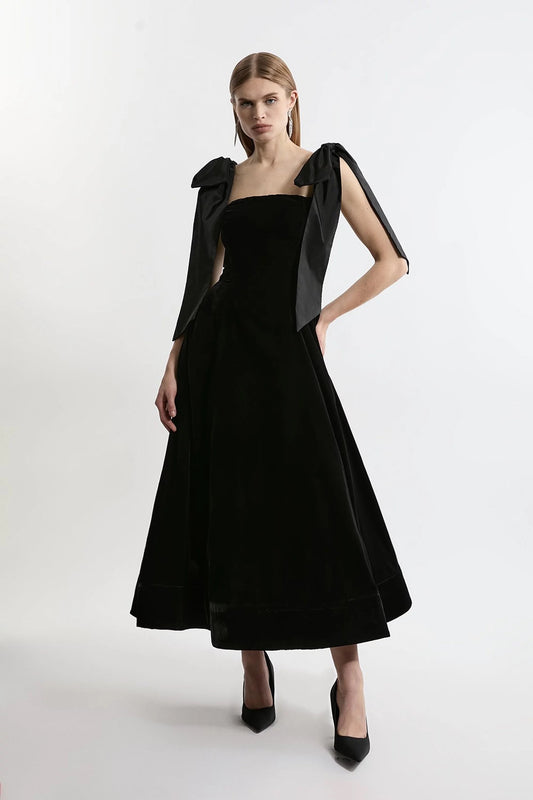 Eva Velvet Strapless Bow Midi Dress
