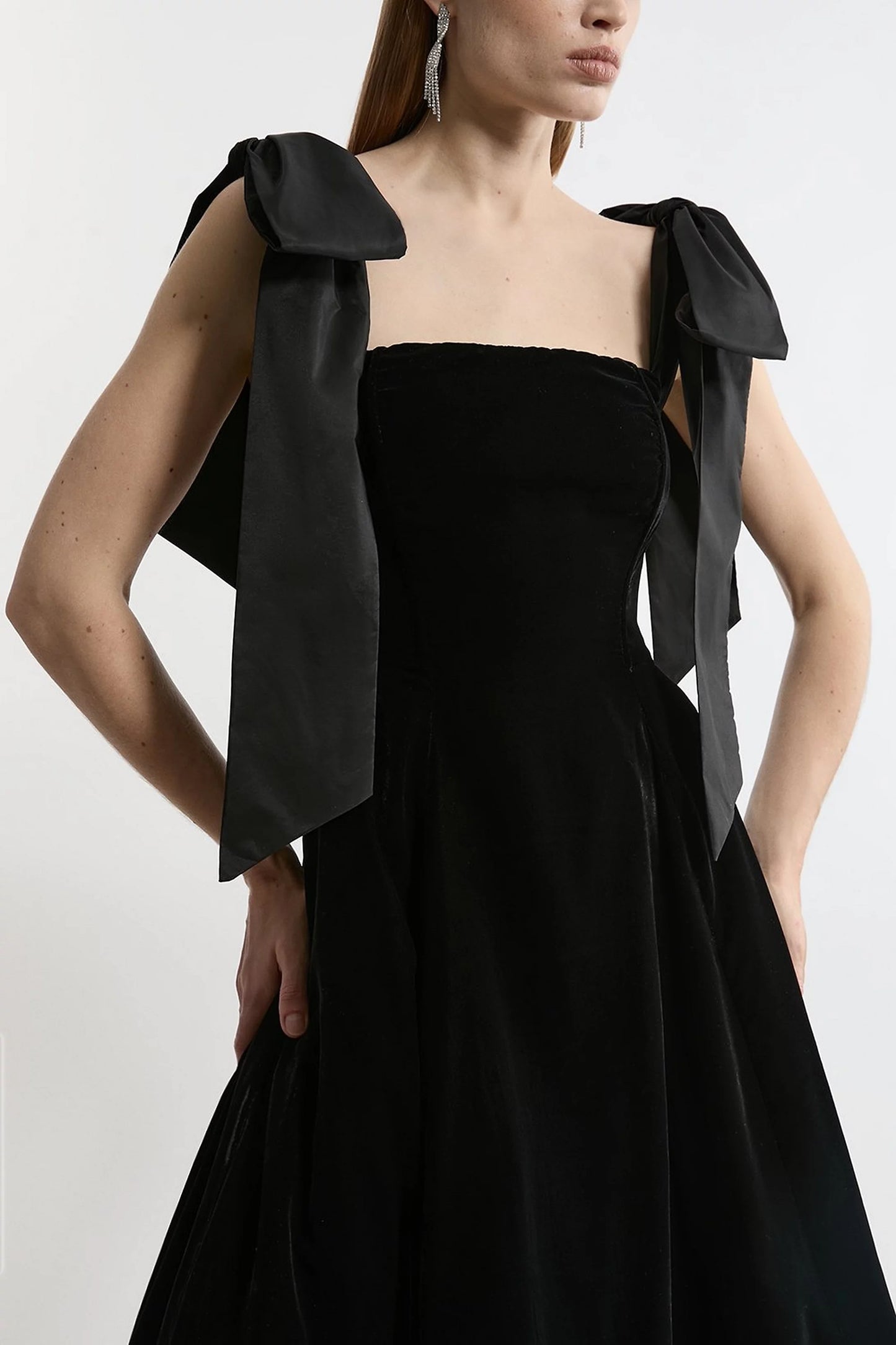 Eva Velvet Strapless Bow Midi Dress