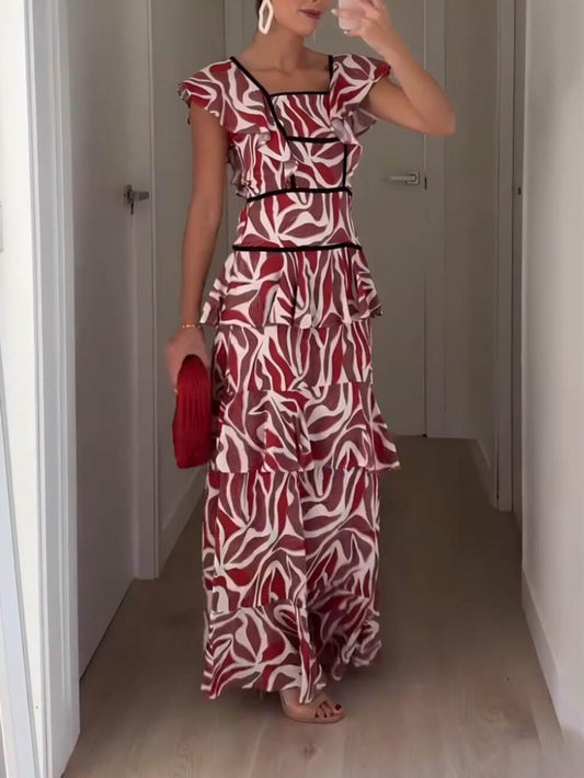 Pia Unique Layered Print Ruffle Maxi Dress