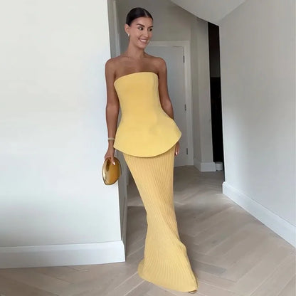 Nadia Elegant Tube Top High Waist Pleated Skirt Two Piece Set