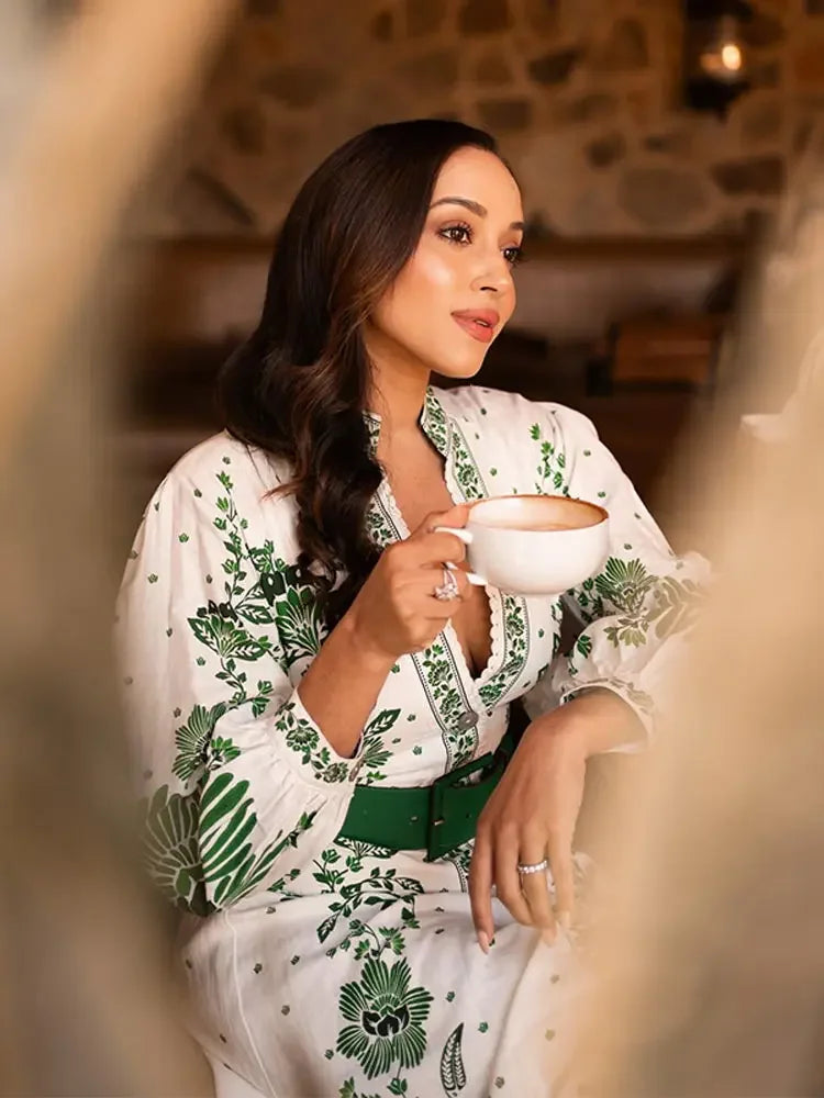 Dalia Long Lantern Sleeve Green Print Dress