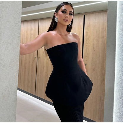 Nadia Elegant Tube Top High Waist Pleated Skirt Two Piece Set