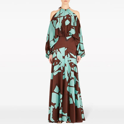 Dania Off-the-shoulder Tropical Print Halter Neck Maxi Dress