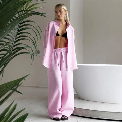 Zaina Long Sleeve Lapel Blouse And Pants Two-piece Set