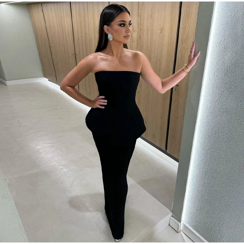 Nadia Elegant Tube Top High Waist Pleated Skirt Two Piece Set