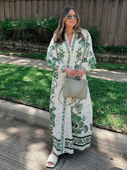 Dalia Long Lantern Sleeve Green Print Dress