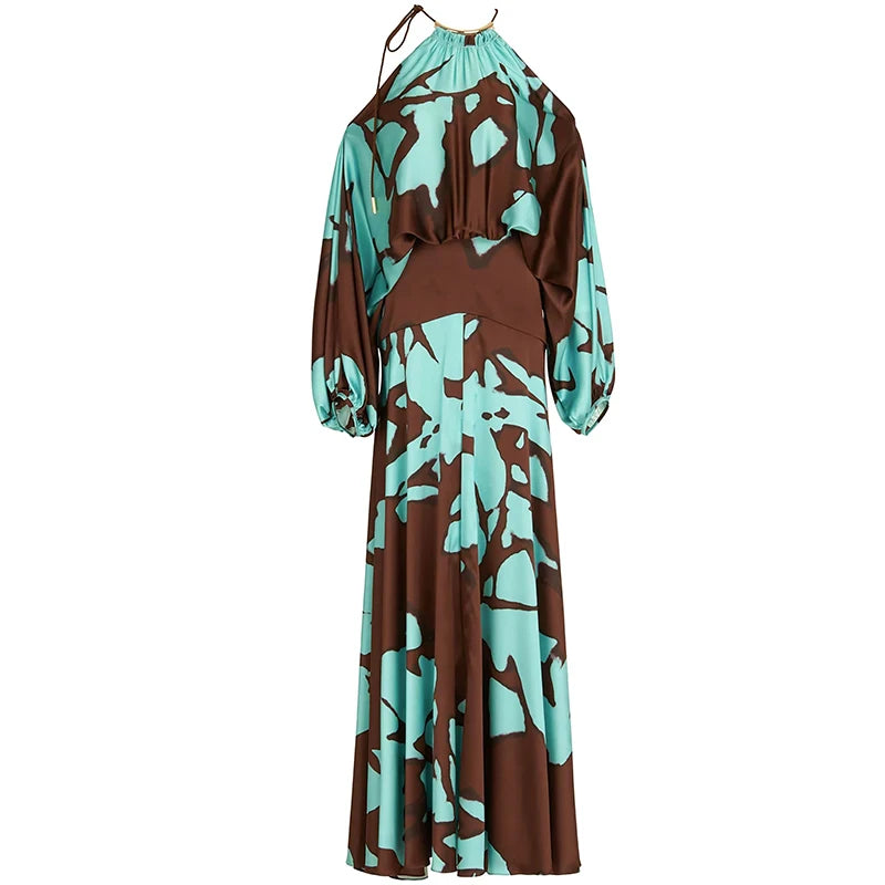 Dania Off-the-shoulder Tropical Print Halter Neck Maxi Dress