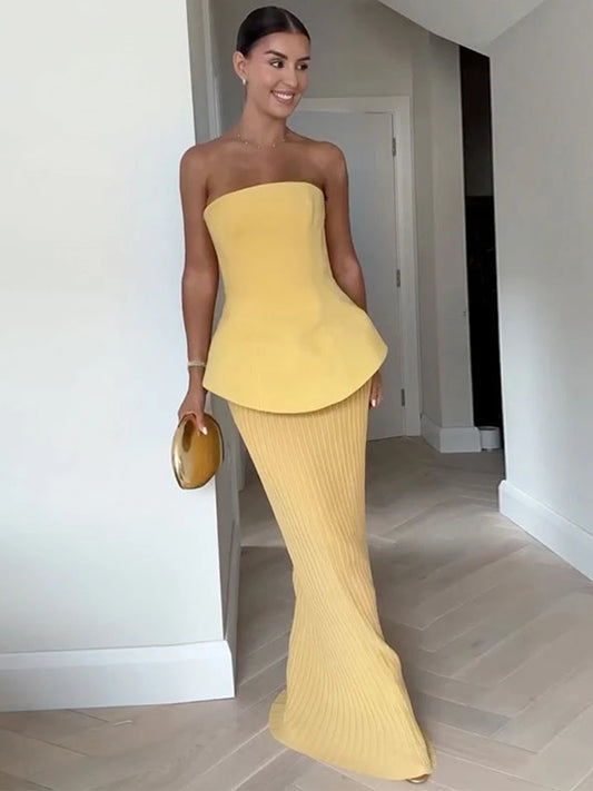 Nadia Elegant Tube Top High Waist Pleated Skirt Two Piece Set