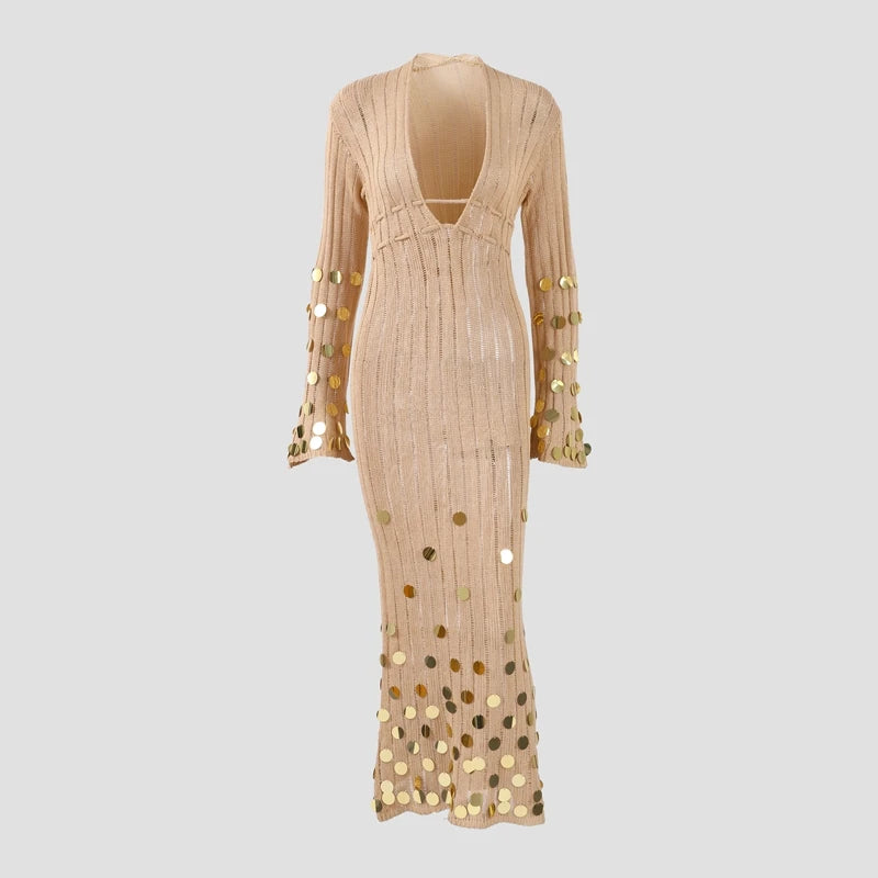Salma Sequin Knitted Gold Long Dress