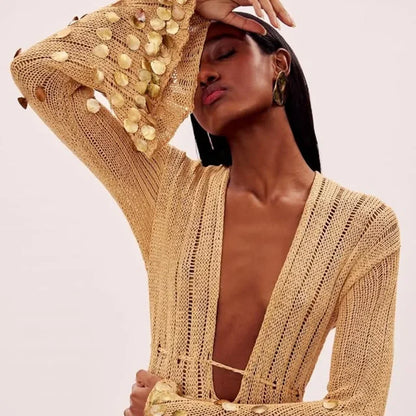 Salma Sequin Knitted Gold Long Dress