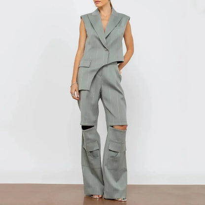 Daphne Asymmetrical Pinstripe Two-Piece Suit Set – Sleeveless Blazer & Wide-Leg Cargo Trousers Trendy Formal Streetwear Outfit