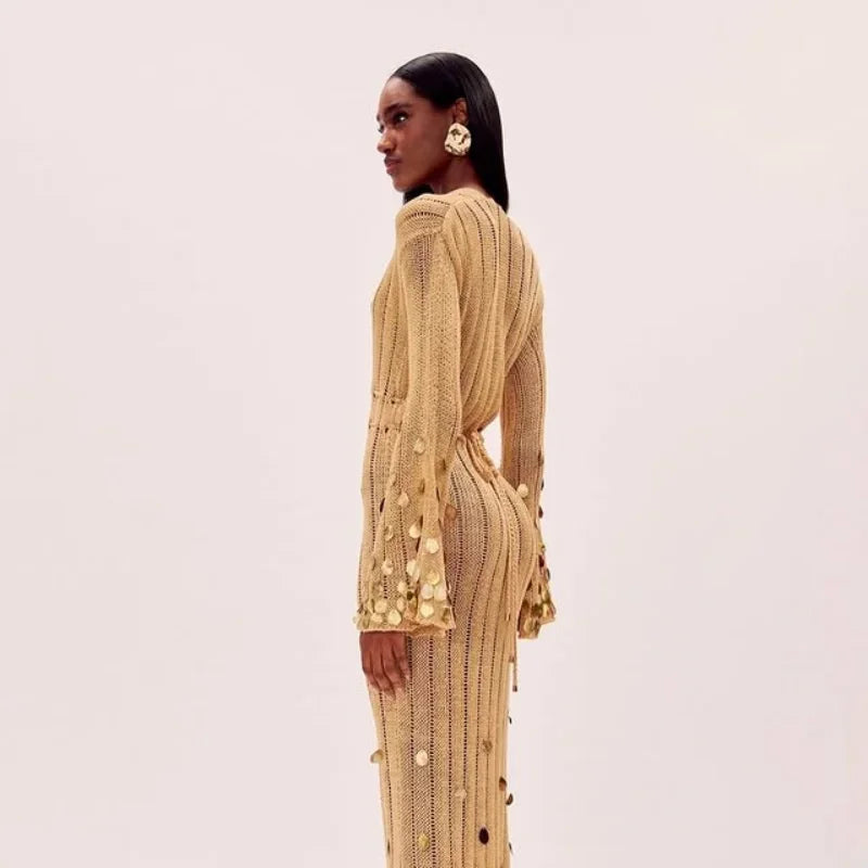 Salma Sequin Knitted Gold Long Dress