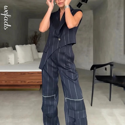 Daphne Asymmetrical Pinstripe Two-Piece Suit Set – Sleeveless Blazer & Wide-Leg Cargo Trousers Trendy Formal Streetwear Outfit
