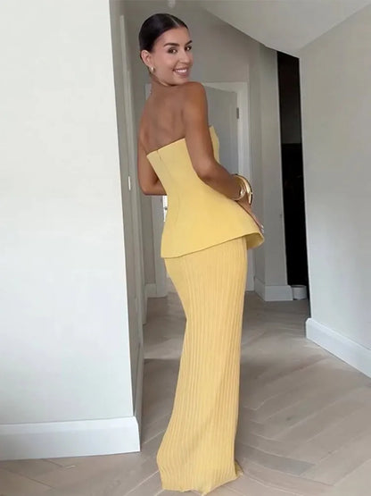 Nadia Elegant Tube Top High Waist Pleated Skirt Two Piece Set