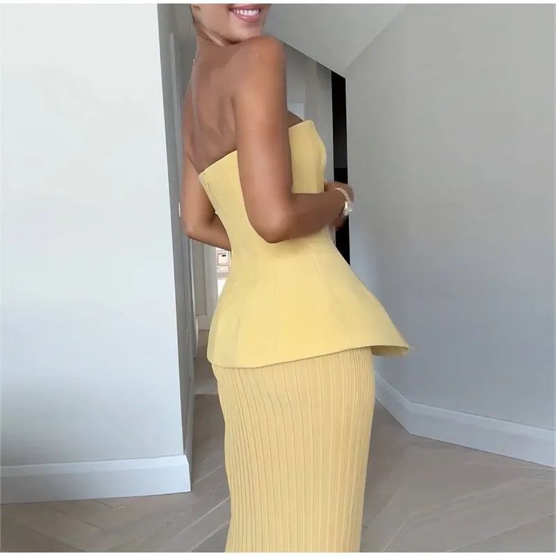 Nadia Elegant Tube Top High Waist Pleated Skirt Two Piece Set