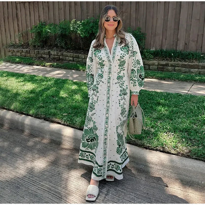 Esmeralda Green Print  Maxi Dress Long Lantern Sleeves