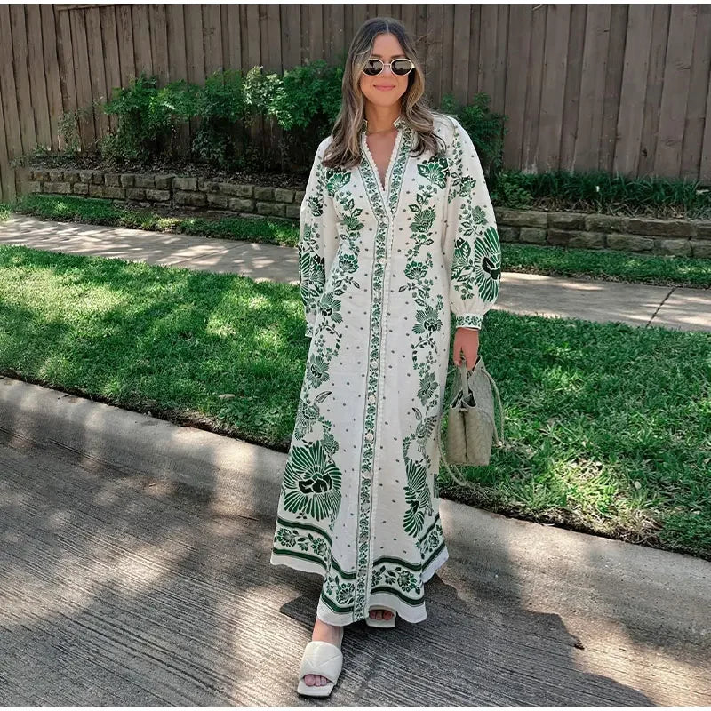 Dalia Long Lantern Sleeve Green Print Dress