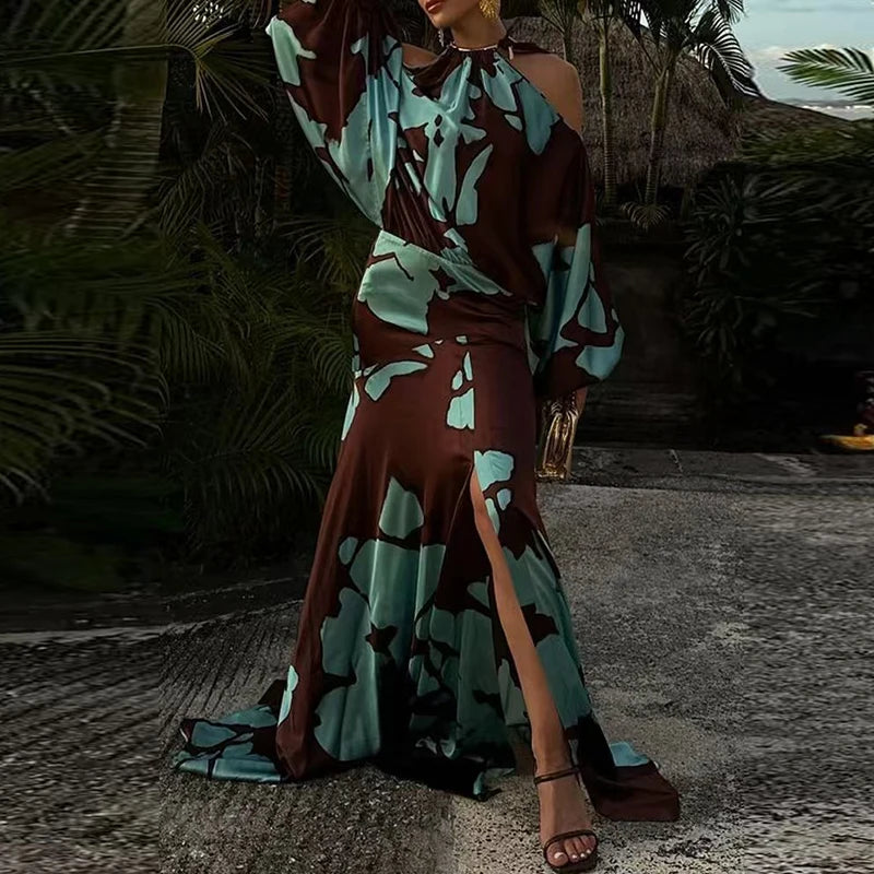 Dania Off-the-shoulder Tropical Print Halter Neck Maxi Dress