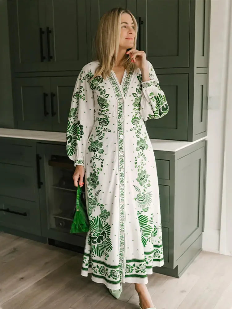 Esmeralda Green Print  Maxi Dress Long Lantern Sleeves