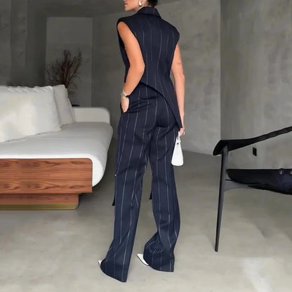 Daphne Asymmetrical Pinstripe Two-Piece Suit Set – Sleeveless Blazer & Wide-Leg Cargo Trousers Trendy Formal Streetwear Outfit