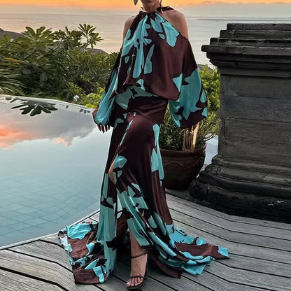 Dania Off-the-shoulder Tropical Print Halter Neck Maxi Dress