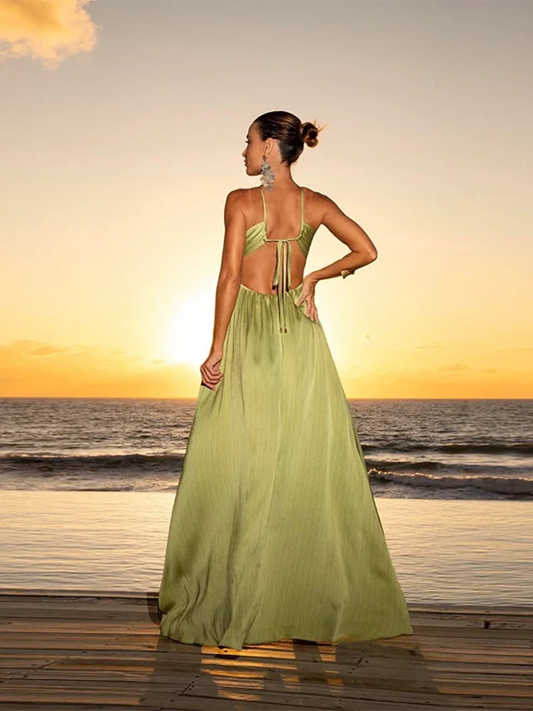 Lela Lace Up Cross Strap Pleated Maxi Dress