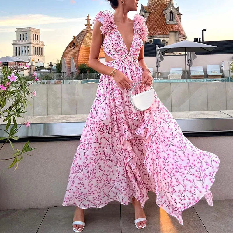 Stacey Floral Print Deep V-neck Hollow Maxi Dress
