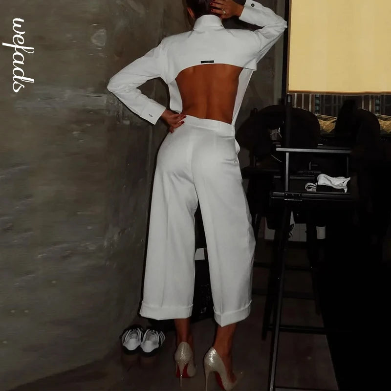 Bonnie Open Back Button Down Blouse Casual Pants Two Piece Set