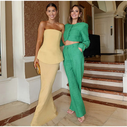 Nadia Elegant Tube Top High Waist Pleated Skirt Two Piece Set