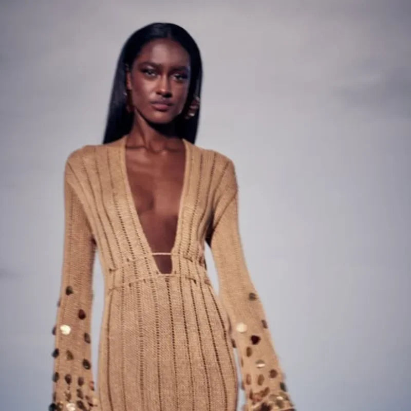 Salma Sequin Knitted Gold Long Dress