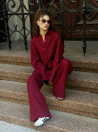 Zaina Long Sleeve Lapel Blouse And Pants Two-piece Set