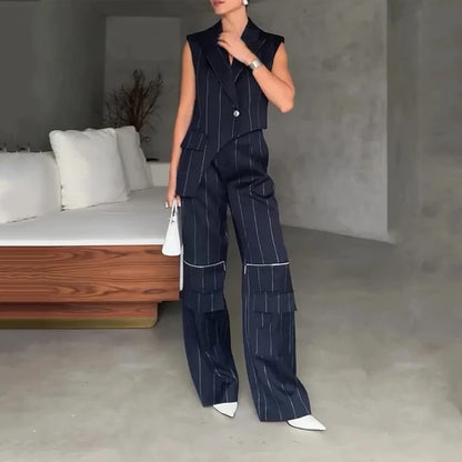 Daphne Asymmetrical Pinstripe Two-Piece Suit Set – Sleeveless Blazer & Wide-Leg Cargo Trousers Trendy Formal Streetwear Outfit