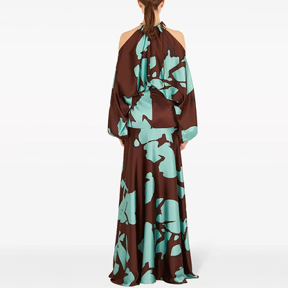 Dania Off-the-shoulder Tropical Print Halter Neck Maxi Dress