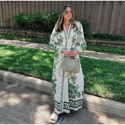 Esmeralda Green Print  Maxi Dress Long Lantern Sleeves