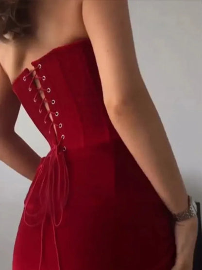 Georgina Strapless Scarlet Temptation Velvet Corset Dress