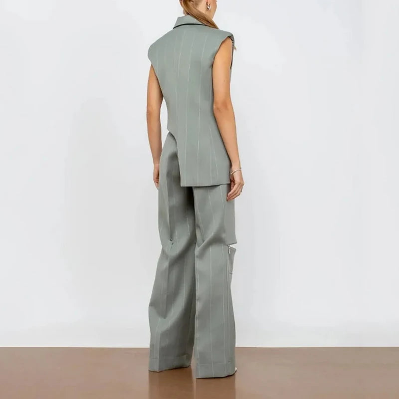 Daphne Asymmetrical Pinstripe Two-Piece Suit Set – Sleeveless Blazer & Wide-Leg Cargo Trousers Trendy Formal Streetwear Outfit