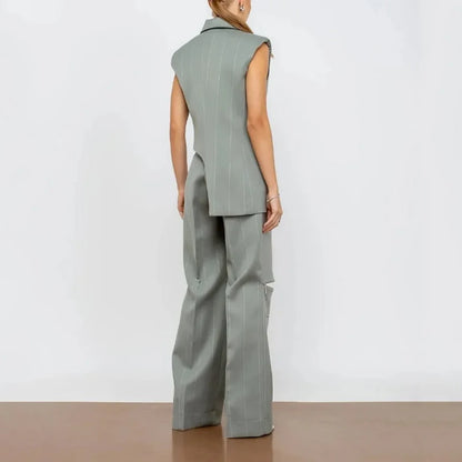 Daphne Asymmetrical Pinstripe Two-Piece Suit Set – Sleeveless Blazer & Wide-Leg Cargo Trousers Trendy Formal Streetwear Outfit